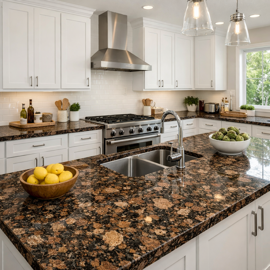 A modern kitchen featuring Baltic brown granite countertops and white cabinets.