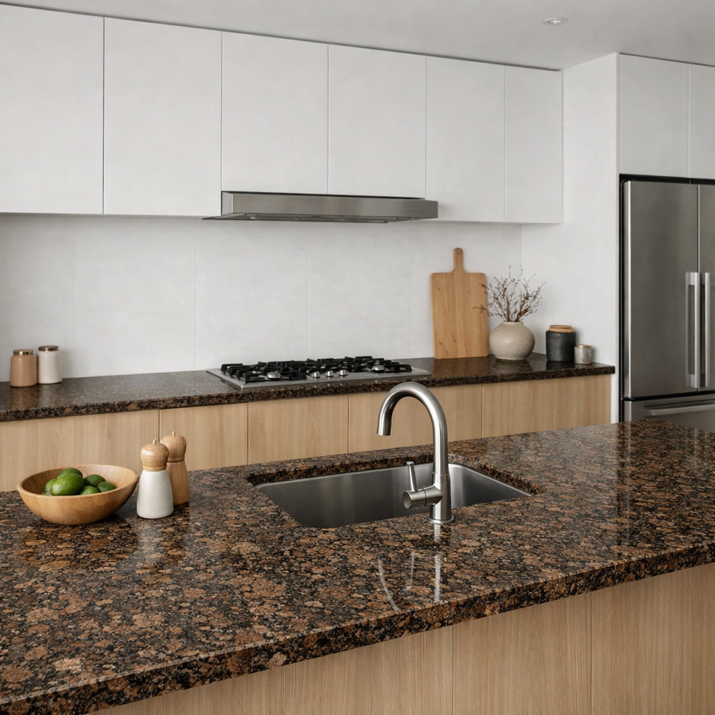 A minimalist kitchen featuring Baltic brown granite countertops, light wood cabinetry and modern appliances.