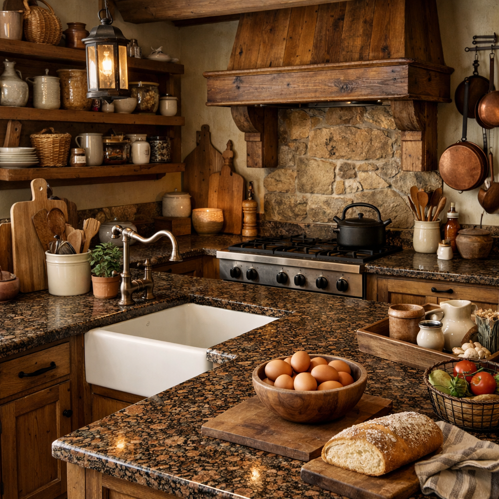 Rustic kitchen design featuring Baltic Brown granite countertops and wooden shelves