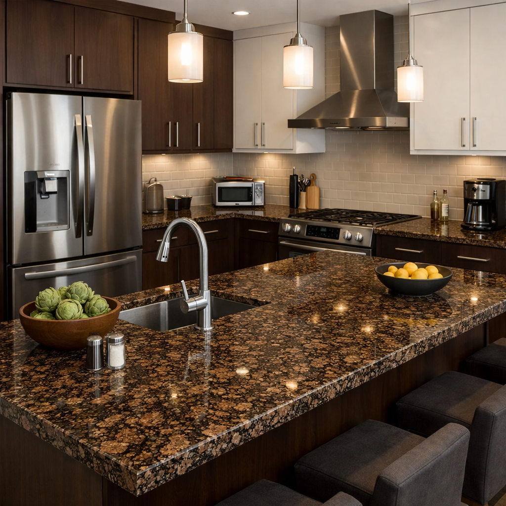 A modern kitchen featuring Baltic brown granite countertops, dark wood cabinets, and stainless steel appliances.
