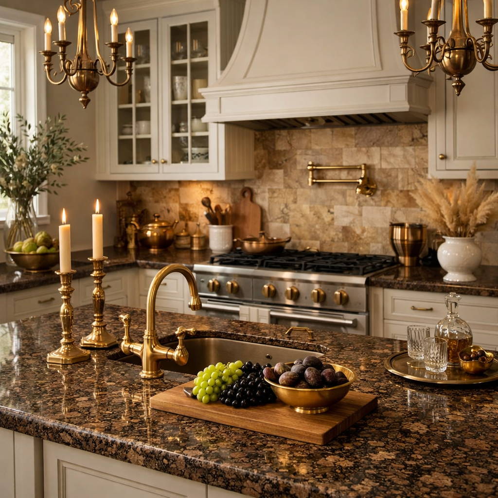 A stylish kitchen featuring Baltic brown granite countertops and gold accents with fruits and candles on display.