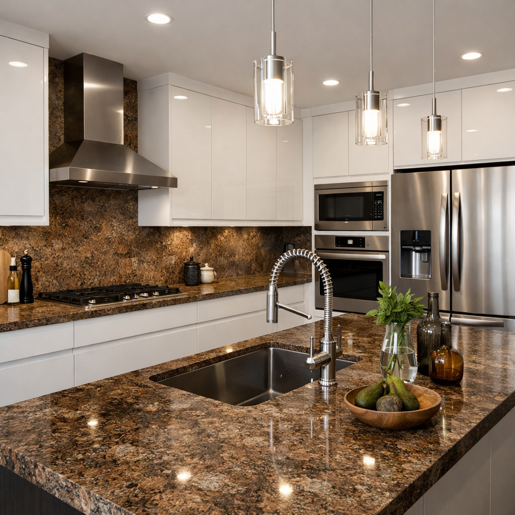 A modern kitchen featuring brown granite countertops and white cabinets.