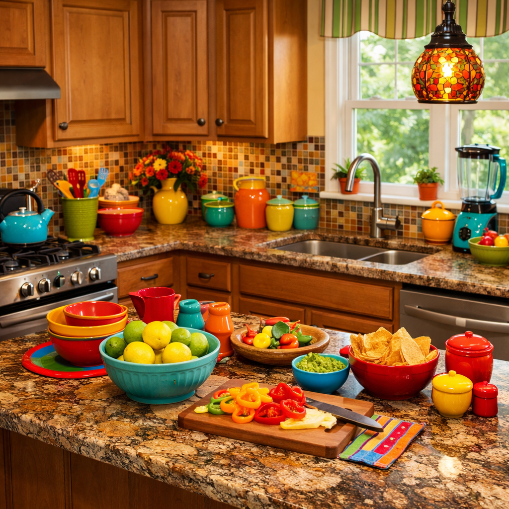 A colorful kitchen with brown granite countertops, featuring vibrant dishware, fresh fruits, and vegetables.