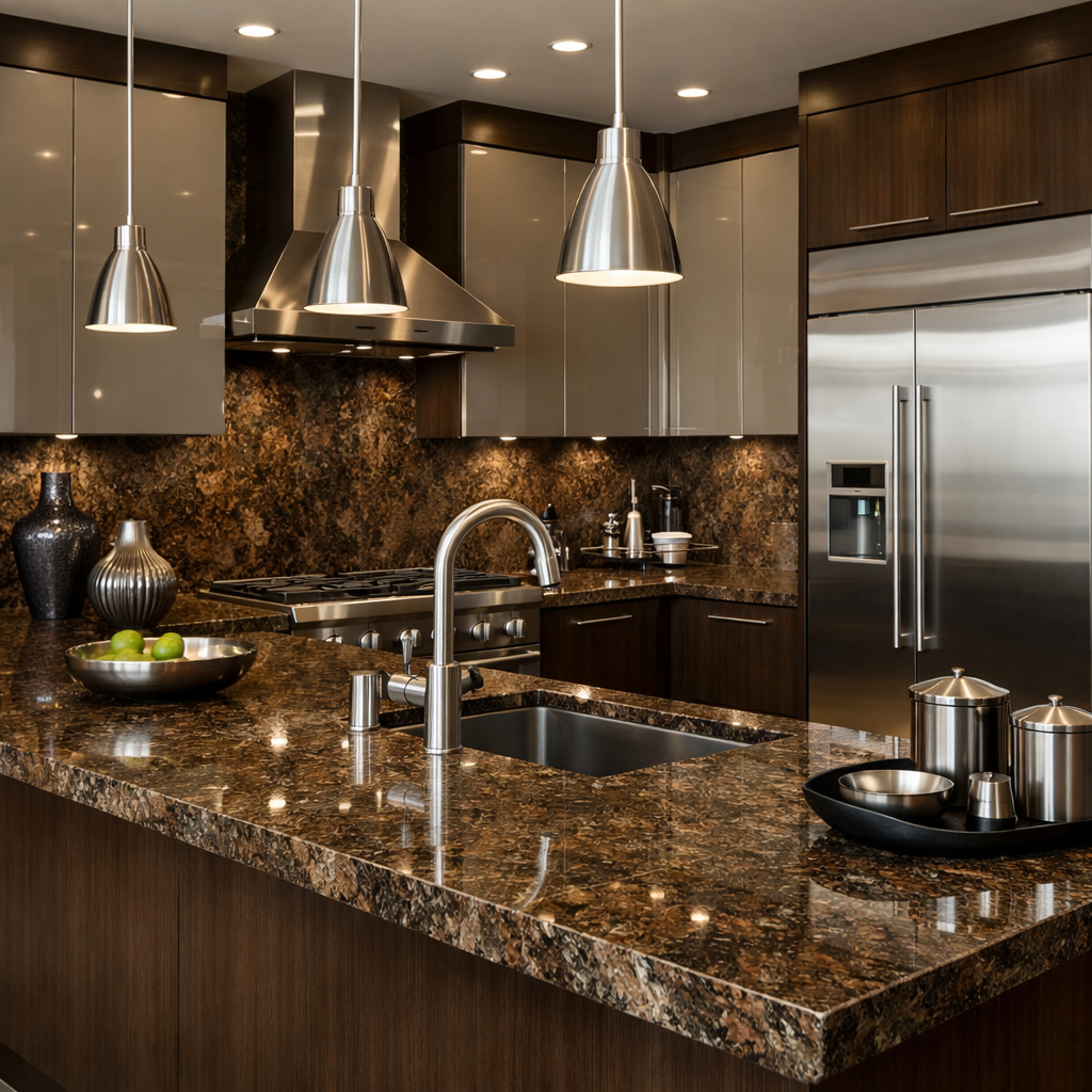 A modern kitchen featuring brown granite countertops with metallic fixtures and stylish lighting.