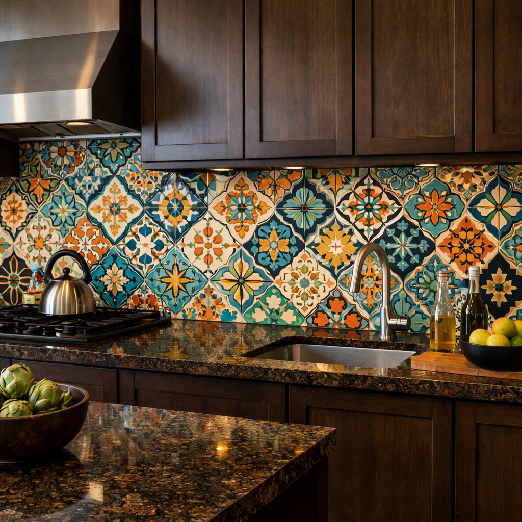 A contemporary kitchen featuring brown granite countertops and a colorful tile backsplash