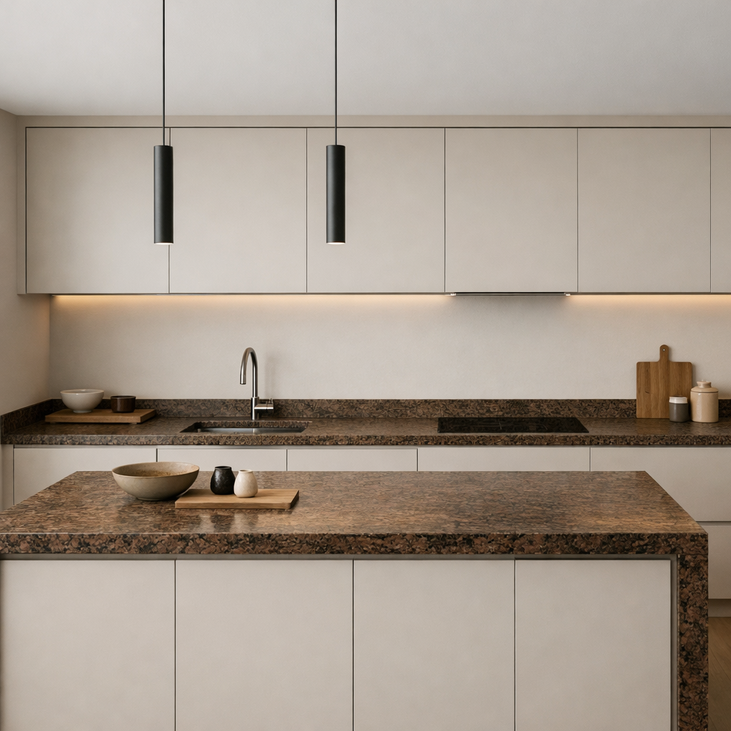 A minimalist kitchen featuring brown granite countertops, cream cabinetry, and modern pendant lighting.
