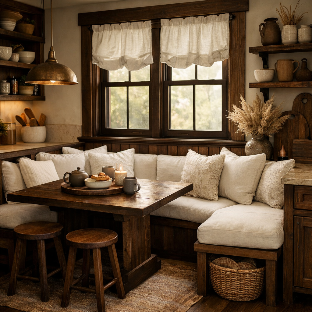 A cozy kitchen nook with dark brown wood accents and white cushions, featuring a rustic wooden table and natural decor.
