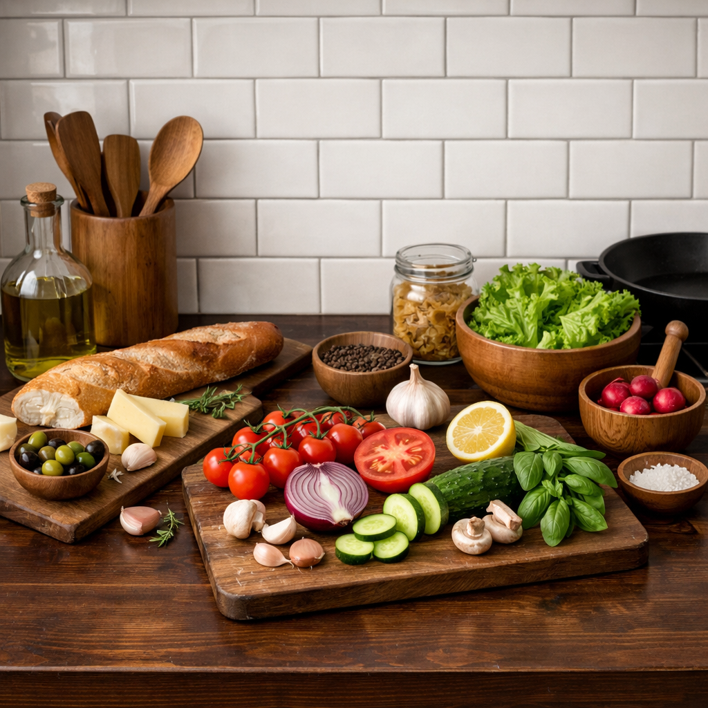 A kitchen with warm dark brown countertops and white subway tiles, featuring fresh ingredients on the countertop.