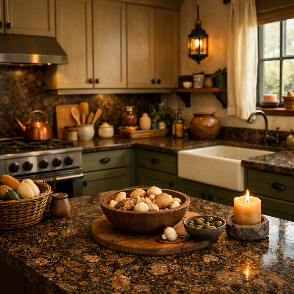 A cozy kitchen featuring Baltic brown granite countertops, warm earthy tones, wooden bowls filled with mushrooms, and a glowing candle.