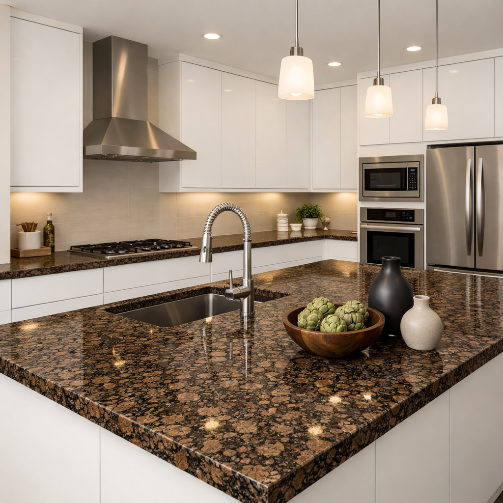 A modern kitchen featuring Baltic Brown granite countertops and sleek white cabinets