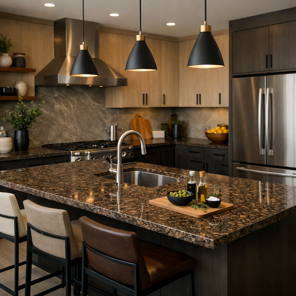 Kitchen island with Baltic Brown granite countertop, modern lighting, and functional decor