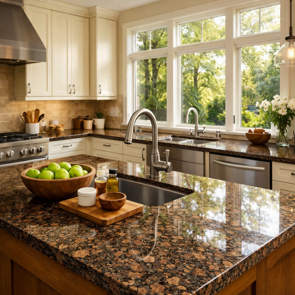 A bright kitchen featuring Baltic Brown granite countertops, large windows, and a cozy atmosphere.