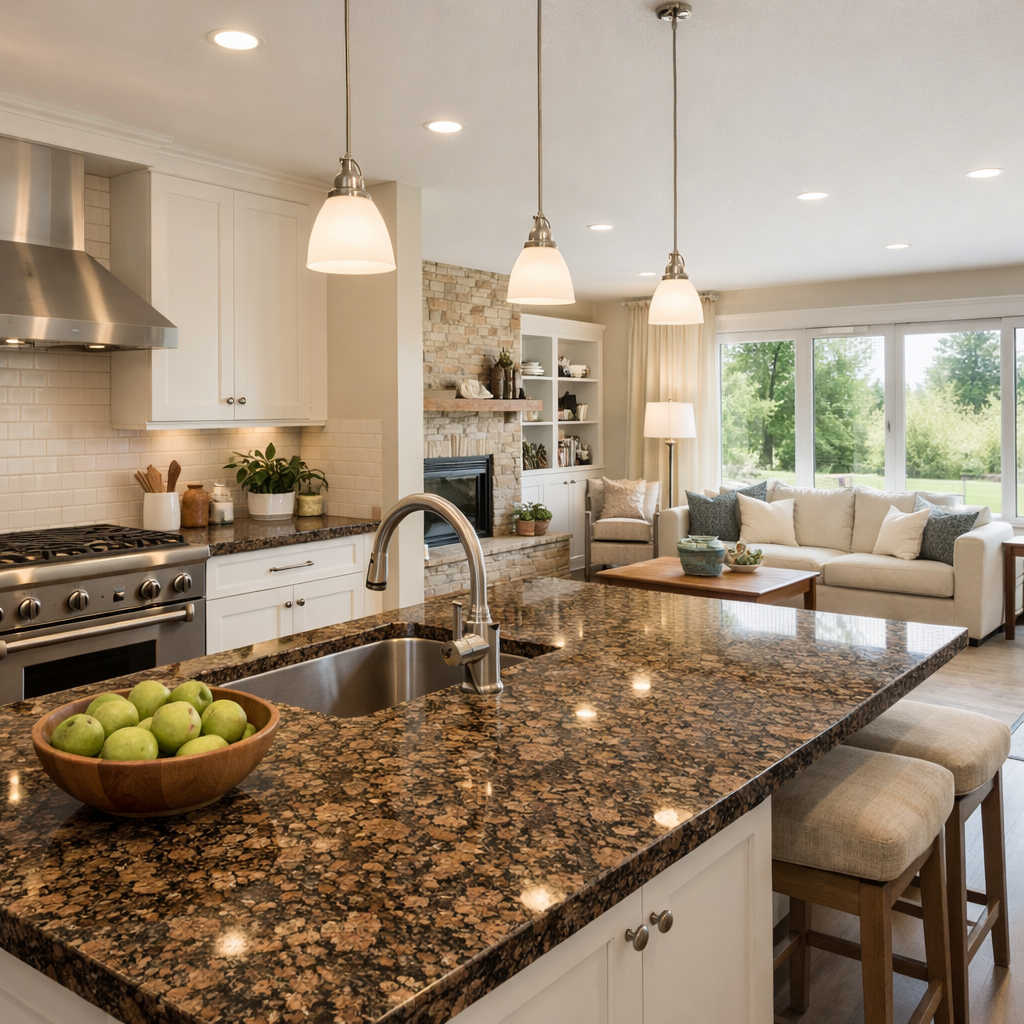 A modern kitchen with Baltic brown granite countertops, white cabinetry, and an open concept living space with a cozy couch and natural lighting.
