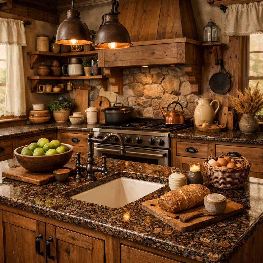 A rustic kitchen featuring Baltic brown granite countertops with wooden accents, shelves filled with pottery, and fresh produce on display.