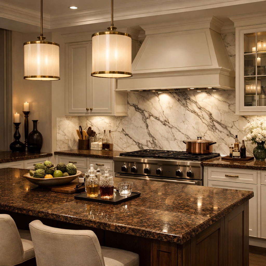 A kitchen featuring Baltic brown granite countertops and a marble backsplash, with stylish decor and lighting.