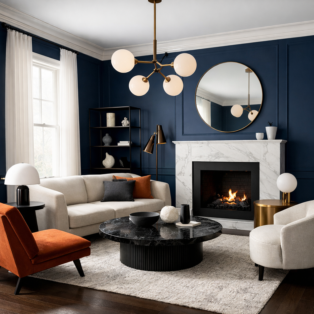 A living room featuring bold navy walls with white trim, a cozy fireplace, and modern furniture.