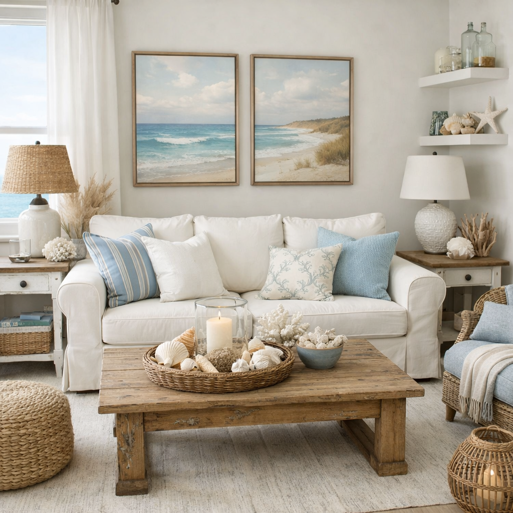 Coastal-inspired living room with white sofa and blue accents featuring seashell decorations.