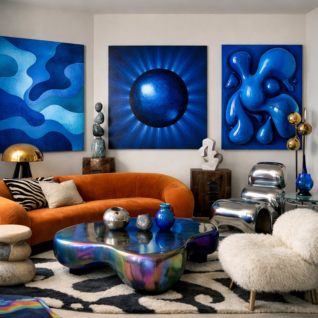 A cozy living room featuring eclectic blue art on the walls, an organic-shaped coffee table, and comfortable seating.