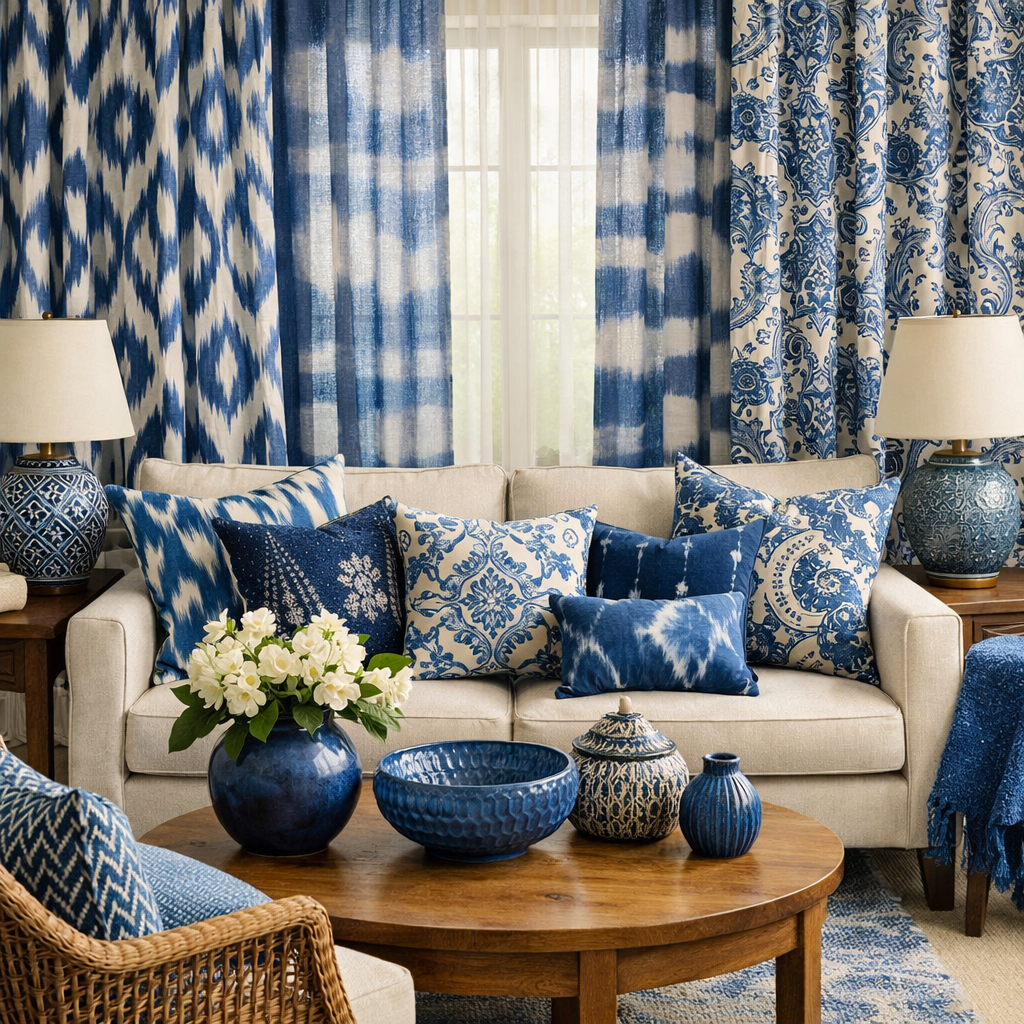 A beautifully styled blue living room featuring mixed patterns in textiles, various blue accessories, and a cozy atmosphere.