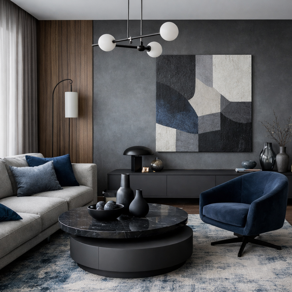 Modern living room with blue and gray color scheme featuring a gray sofa, blue pillows, circular black marble coffee table, and stylish lighting
