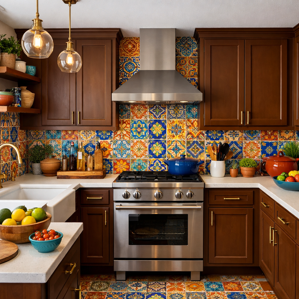 A kitchen featuring rich brown cabinets and a colorful patterned backsplash.