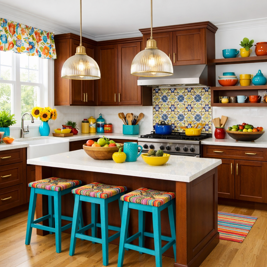 A kitchen featuring brown cabinets with bright decor, white walls, and colorful accessories