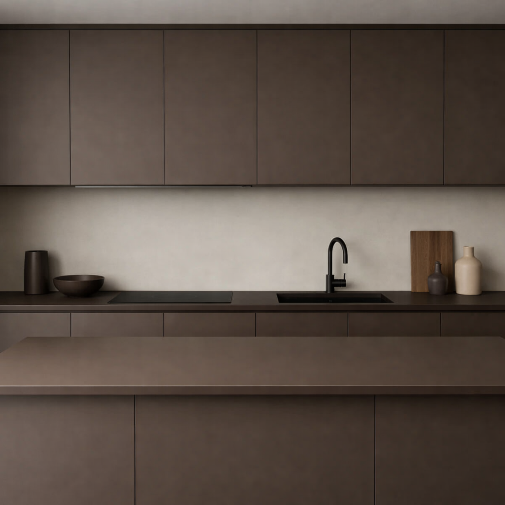 A modern kitchen featuring matte brown cabinets with black fixtures and a minimalist design.