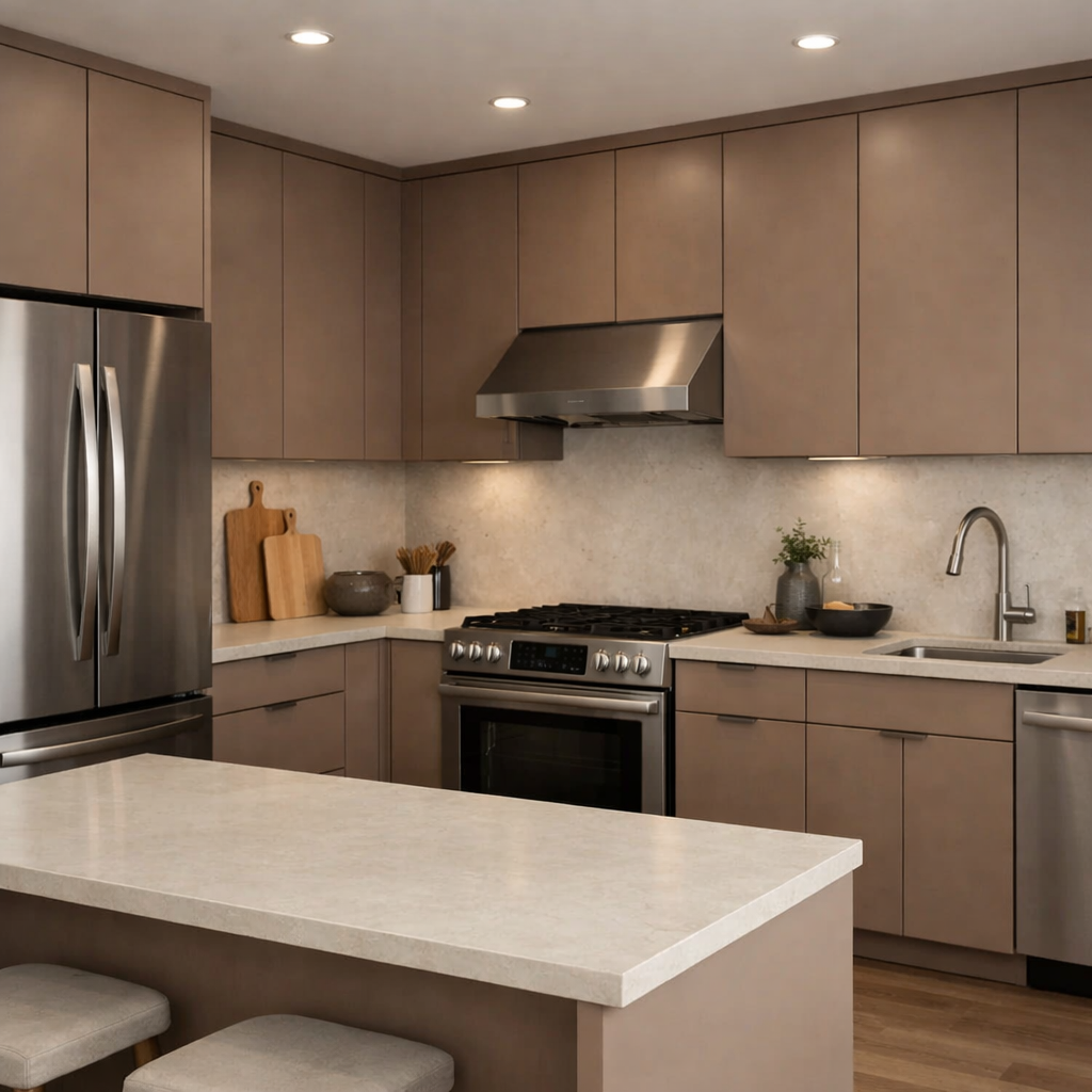 Modern kitchen with light brown painted cabinets and stainless steel appliances.