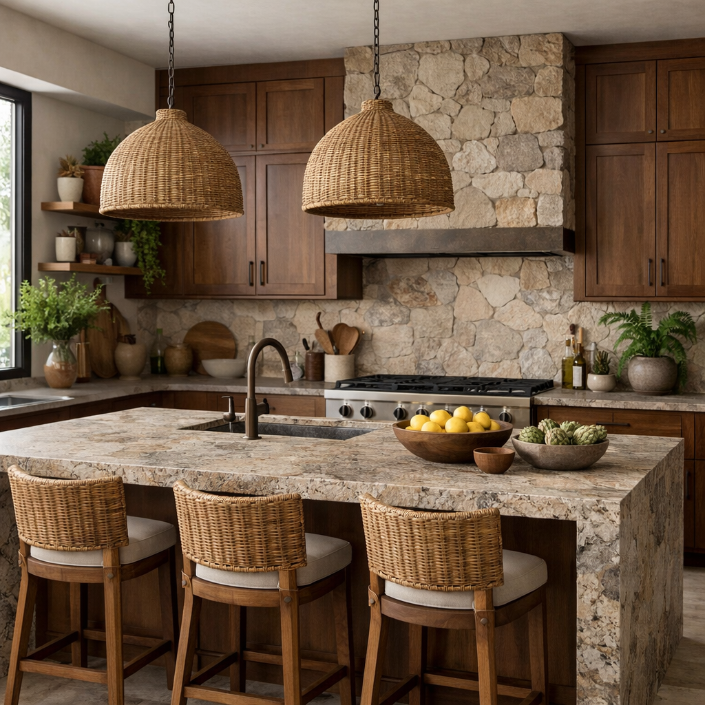 A cozy kitchen featuring painted brown cabinets, a stone wall, and natural decorations.
