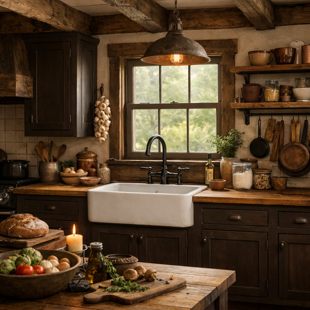 Rustic kitchen with dark brown cabinets, farmhouse sink, wooden shelves, and ambient lighting.