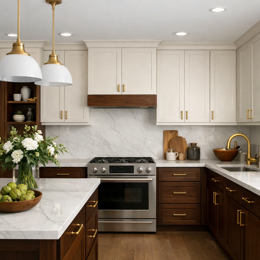 Two-tone kitchen with cream upper cabinets and brown lower cabinets, featuring gold hardware and a marble countertop.
