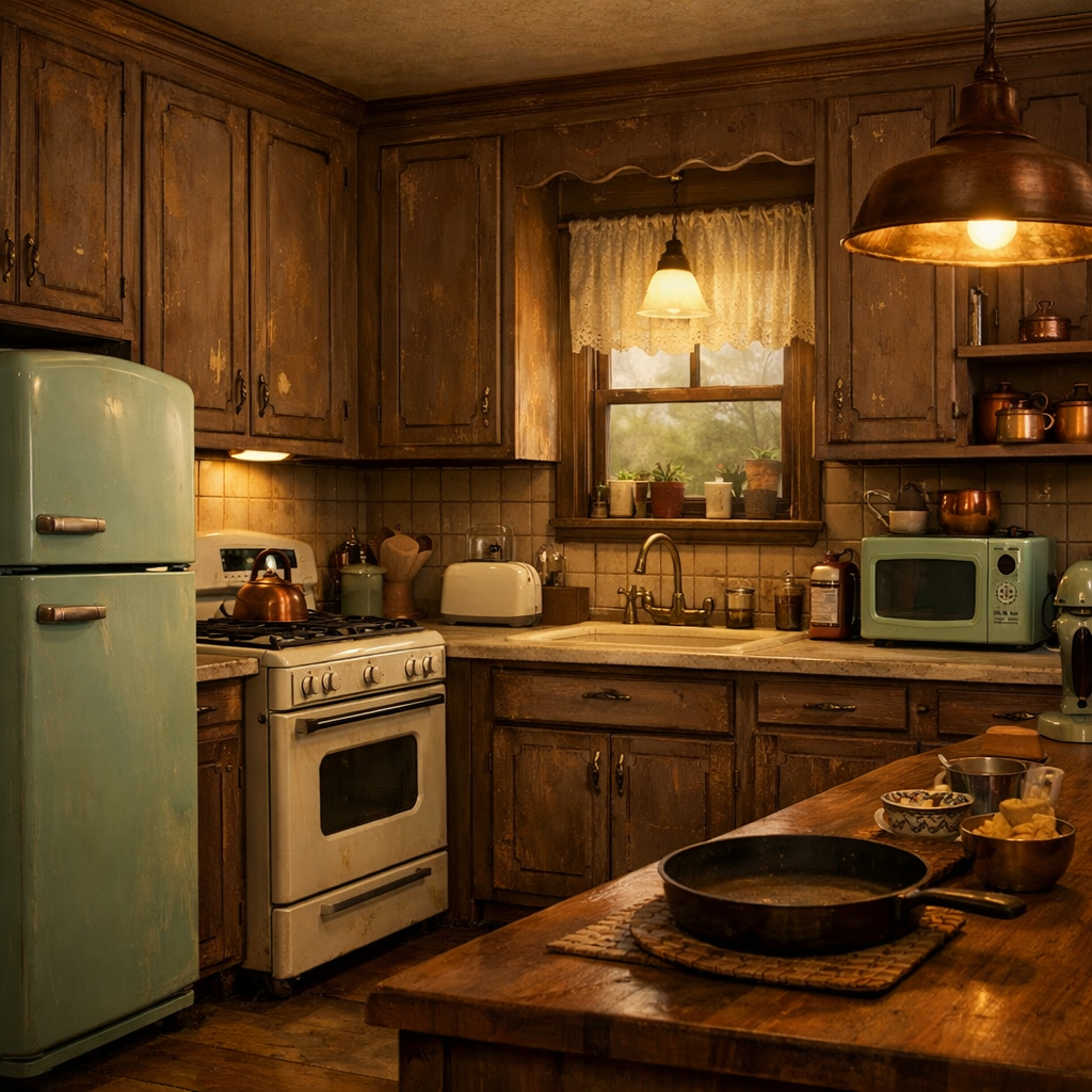 Cozy kitchen with distressed brown cabinets and vintage appliances, showcasing a rustic interior design.
