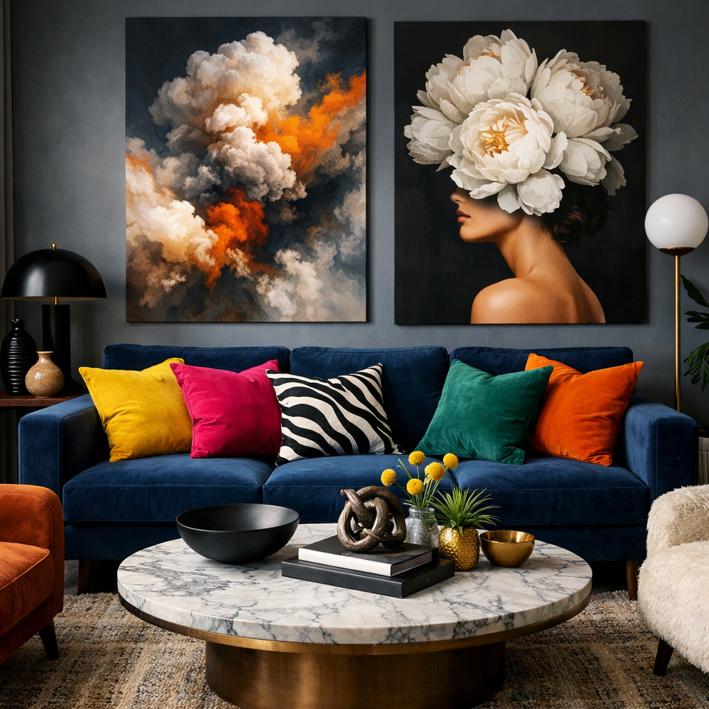 A modern living room featuring a blue couch with colorful pillows, a marble coffee table, and vibrant wall art.