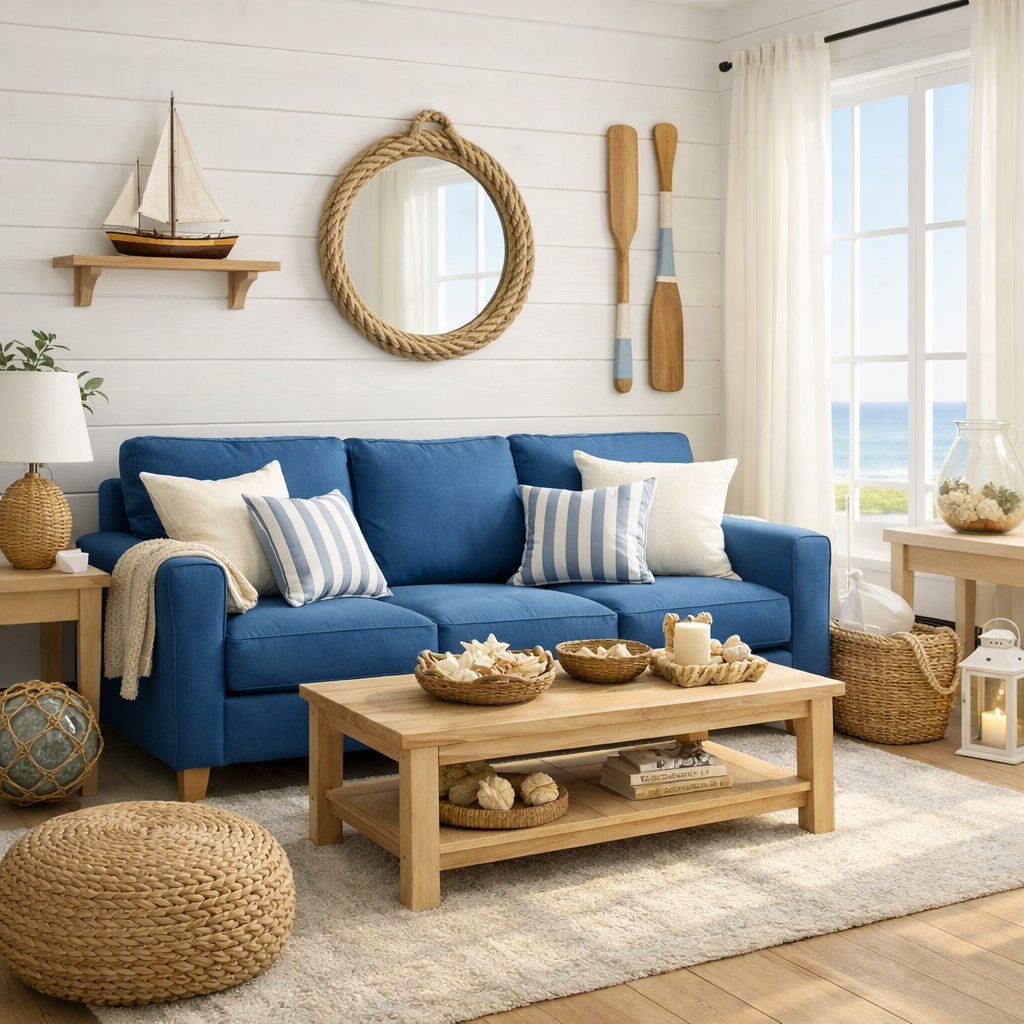 Coastal living room with a blue couch, woven accents, and natural decor.