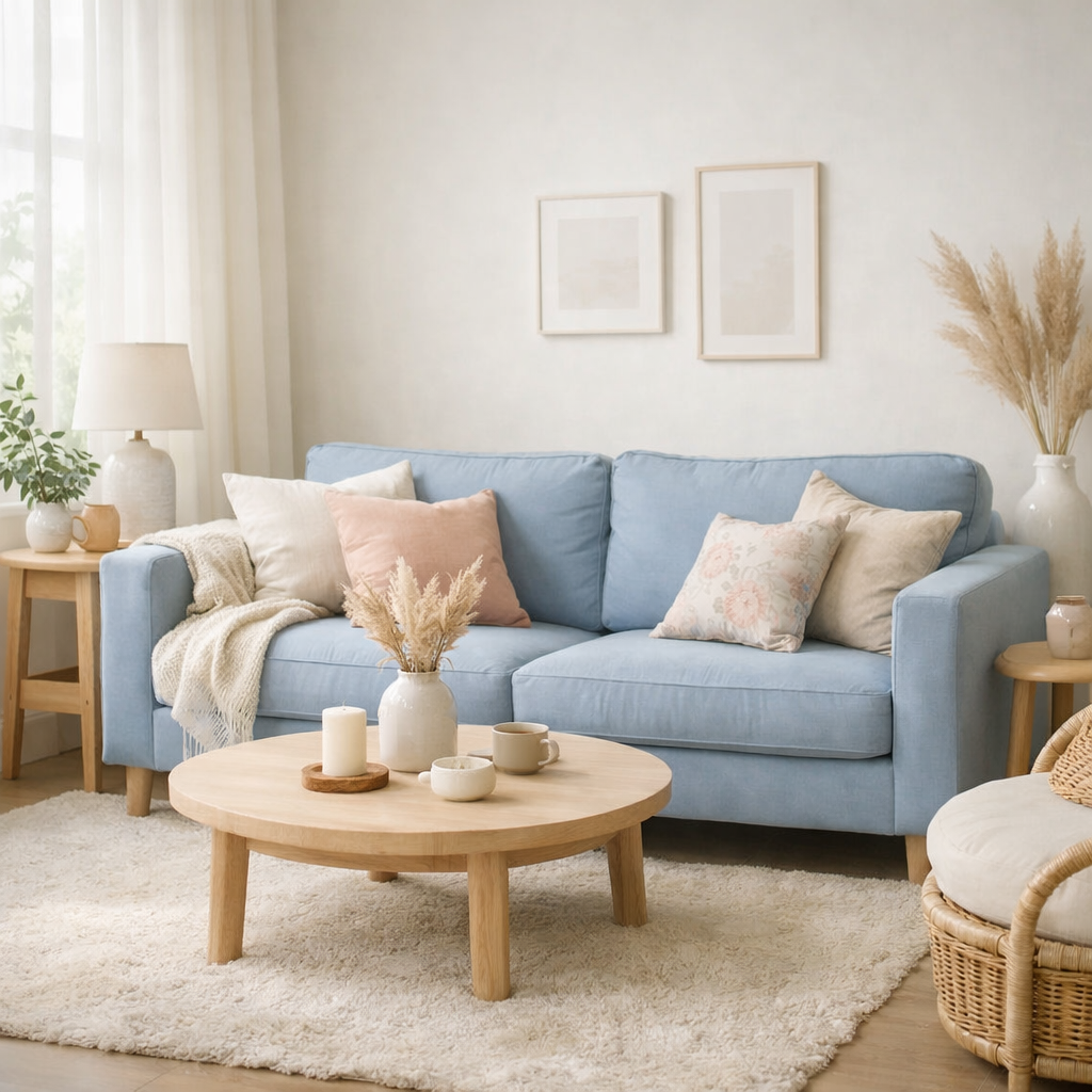 A serene living room featuring a light blue couch with decorative pillows, a round wooden coffee table, and soft natural light.