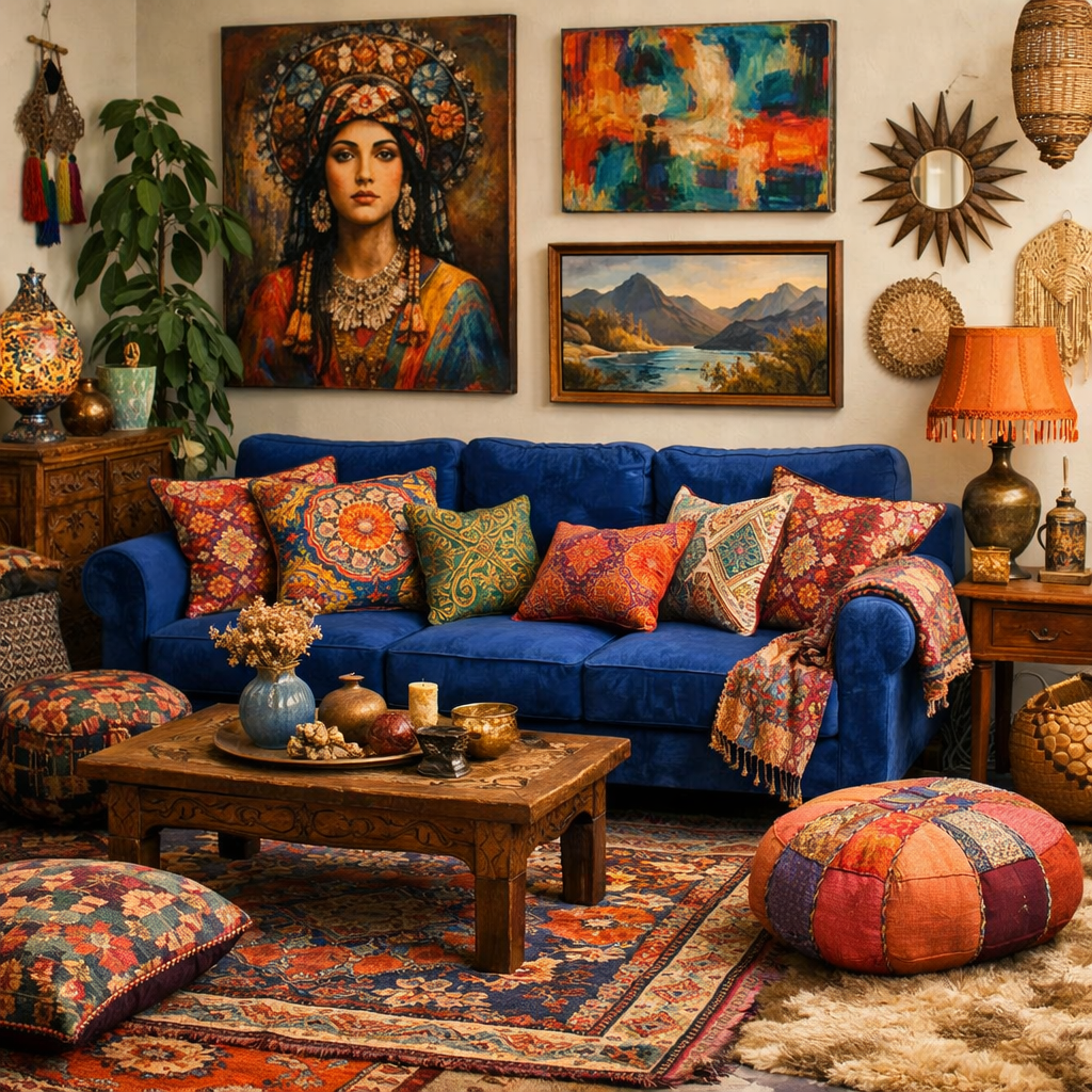 Eclectic living room with blue couch and colorful decor