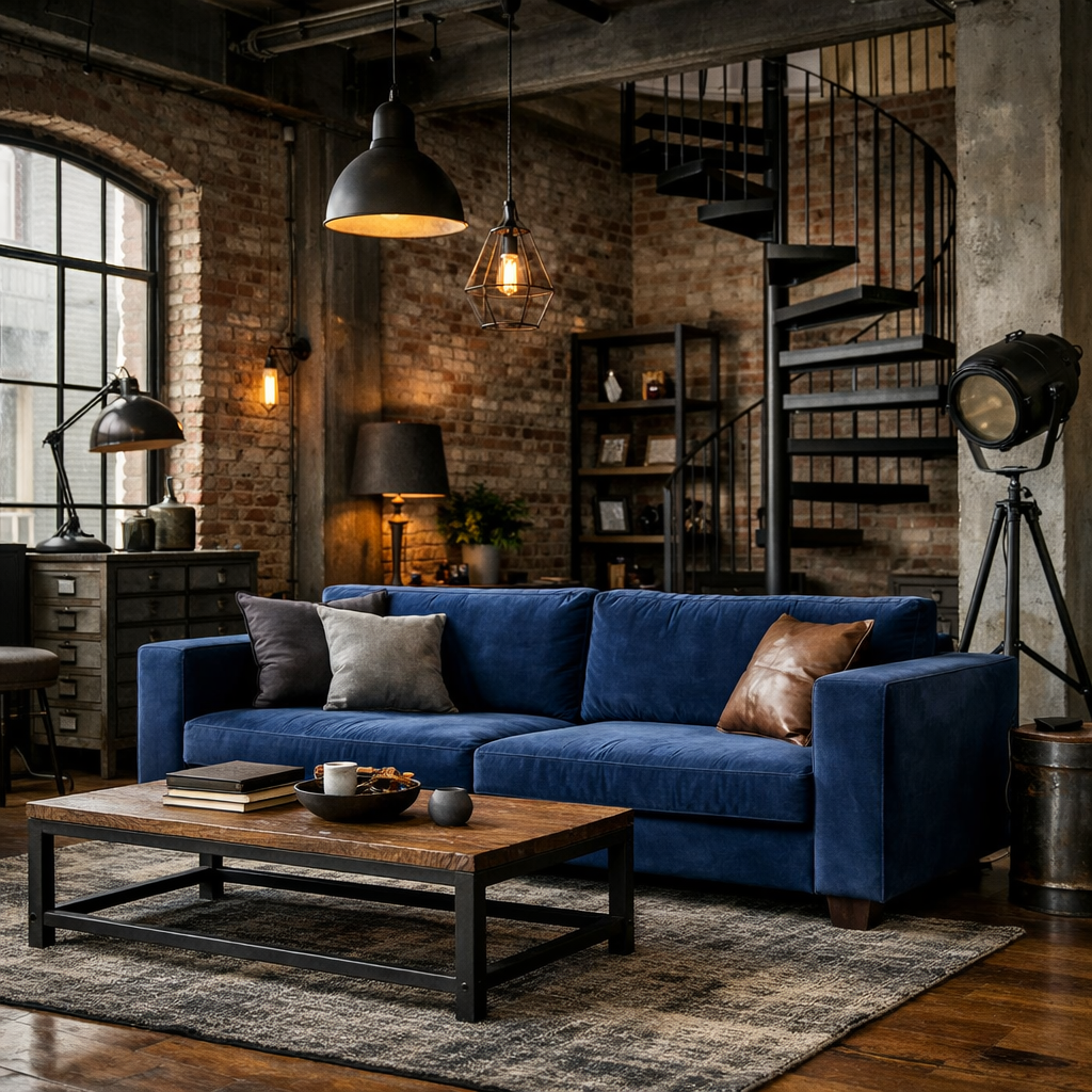 A stylish blue couch in an industrial loft setting with brick walls, wooden accents, and modern lighting.
