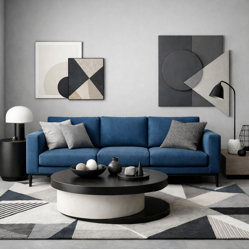 A modern living room featuring a blue couch, geometric artwork, and a minimalist coffee table.