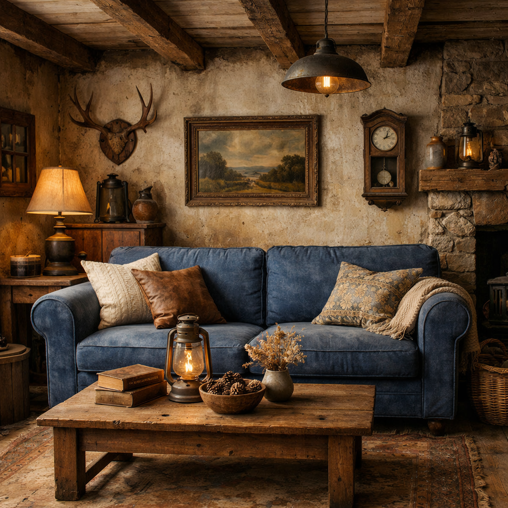 A rustic living room featuring a blue couch, wooden beams, and warm lighting