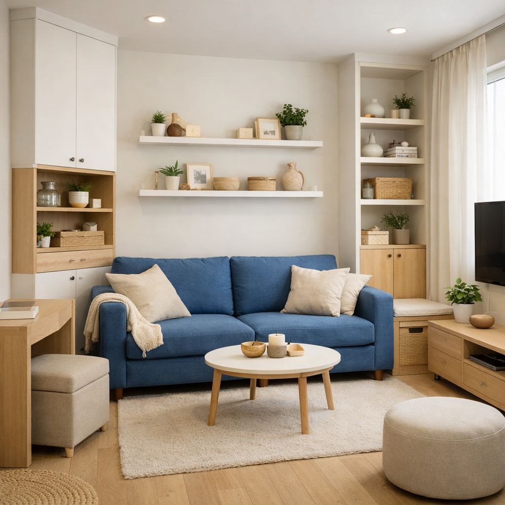 A cozy living room featuring a blue couch, round white coffee table, and stylish decor.