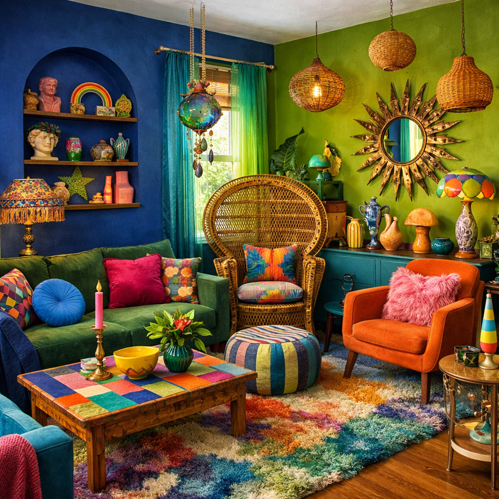Eclectic living room showcasing a blend of blue and green with vibrant decor