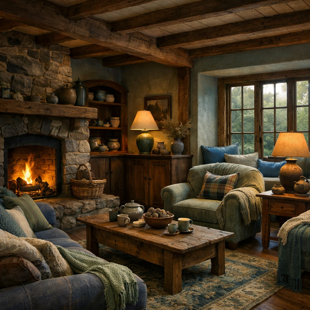 A rustic living room featuring earthy blue and green combinations, with a stone fireplace, wooden beams, and cozy furniture.