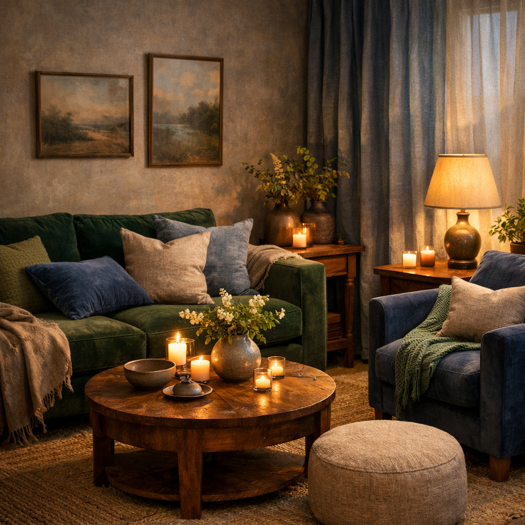 Cozy living room with green couch, blue pillows, and wooden coffee table