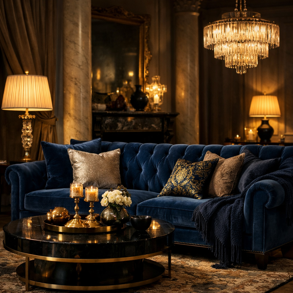 A luxurious living room featuring a velvet blue sofa with decorative pillows, a stylish coffee table, and elegant lighting.