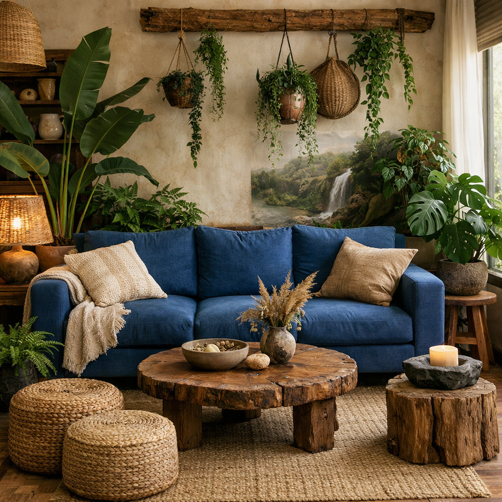 A cozy living room featuring a blue sofa with green plants and natural decor elements