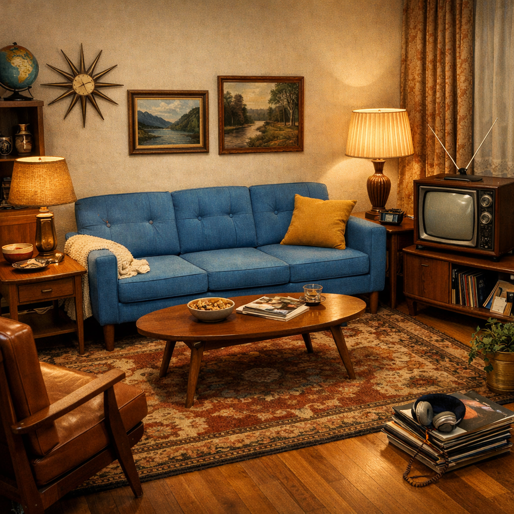Cozy living room with a blue sofa, vintage decorations, and warm lighting.