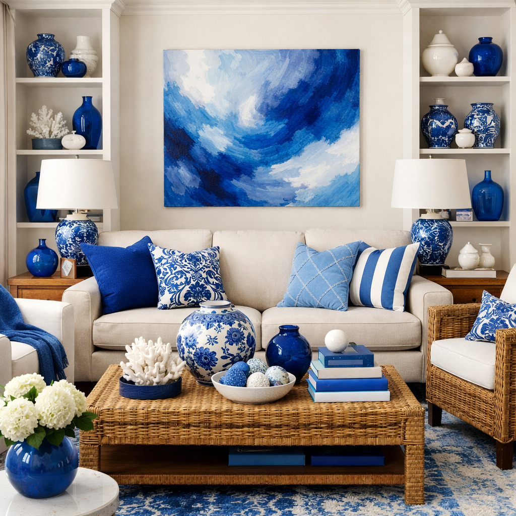A stylish blue and white living room featuring a variety of accessories.