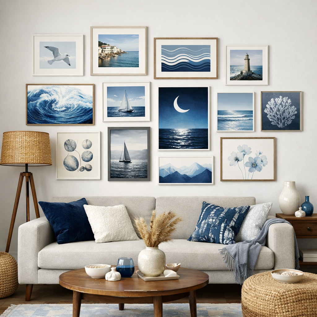 A cozy blue and white living room featuring a gallery wall with various blue-themed art pieces.