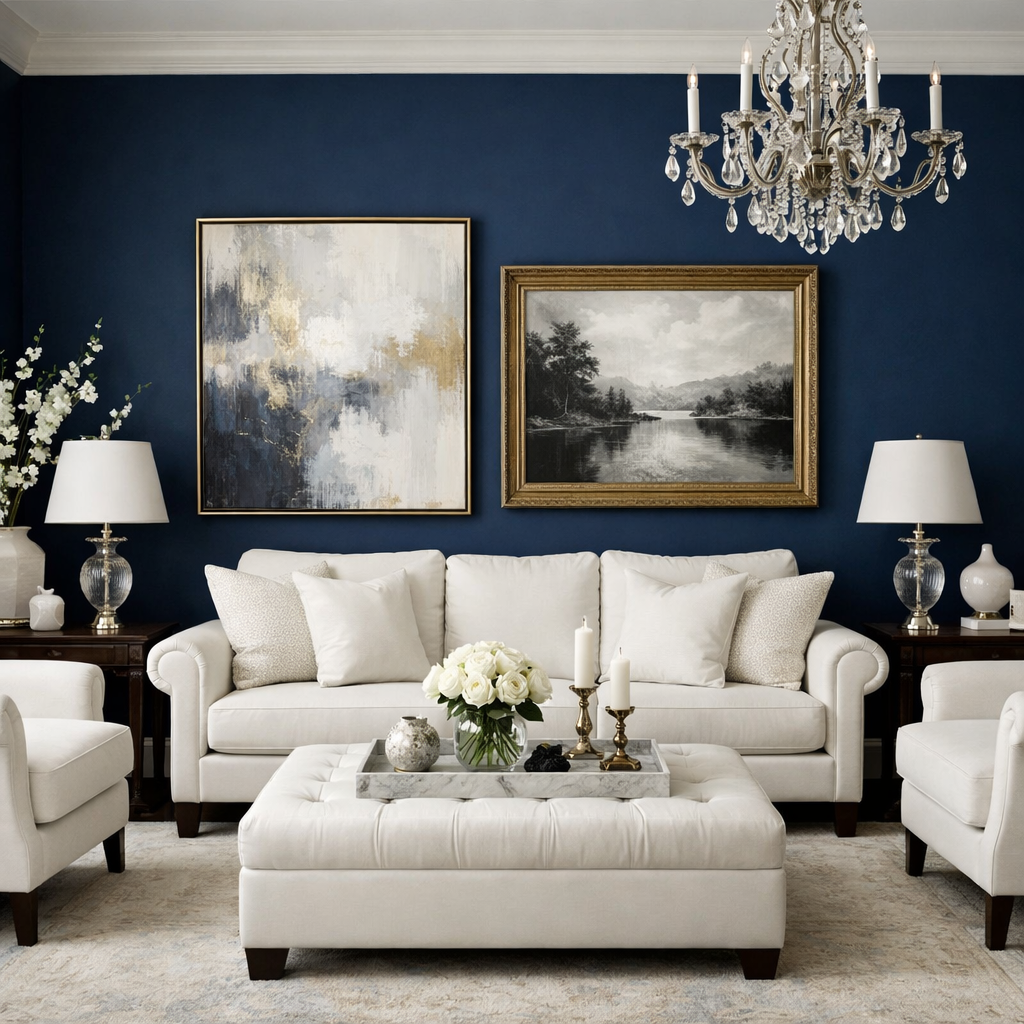 Elegant living room with blue accent wall and light-colored furniture