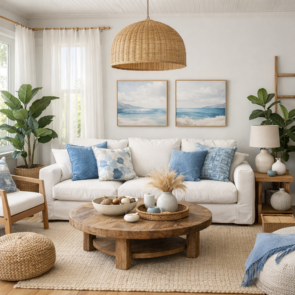 A bright blue and white living room featuring natural elements such as a wooden coffee table, plants, and woven accessories.